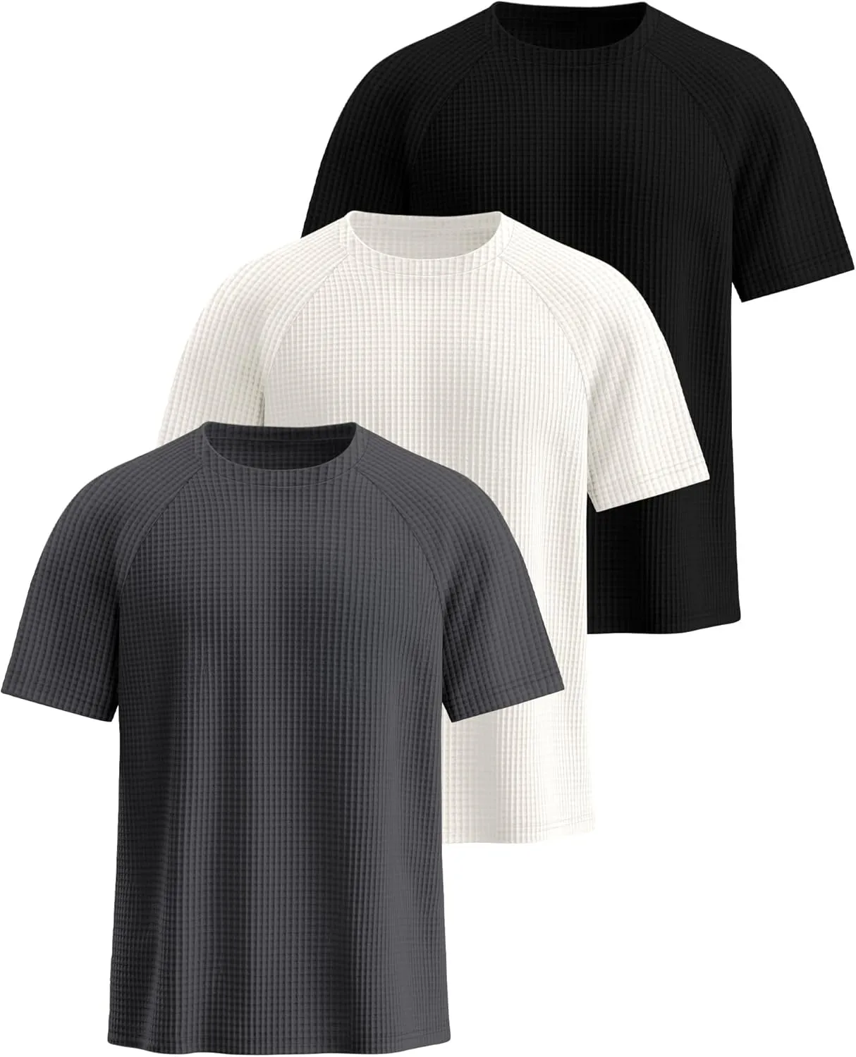 Riyiper 3 Pack Men's Waffle Knitted Short Sleeve Crewneck T-Shirts Solid Raglan Sleeve Casual Pullover Tees