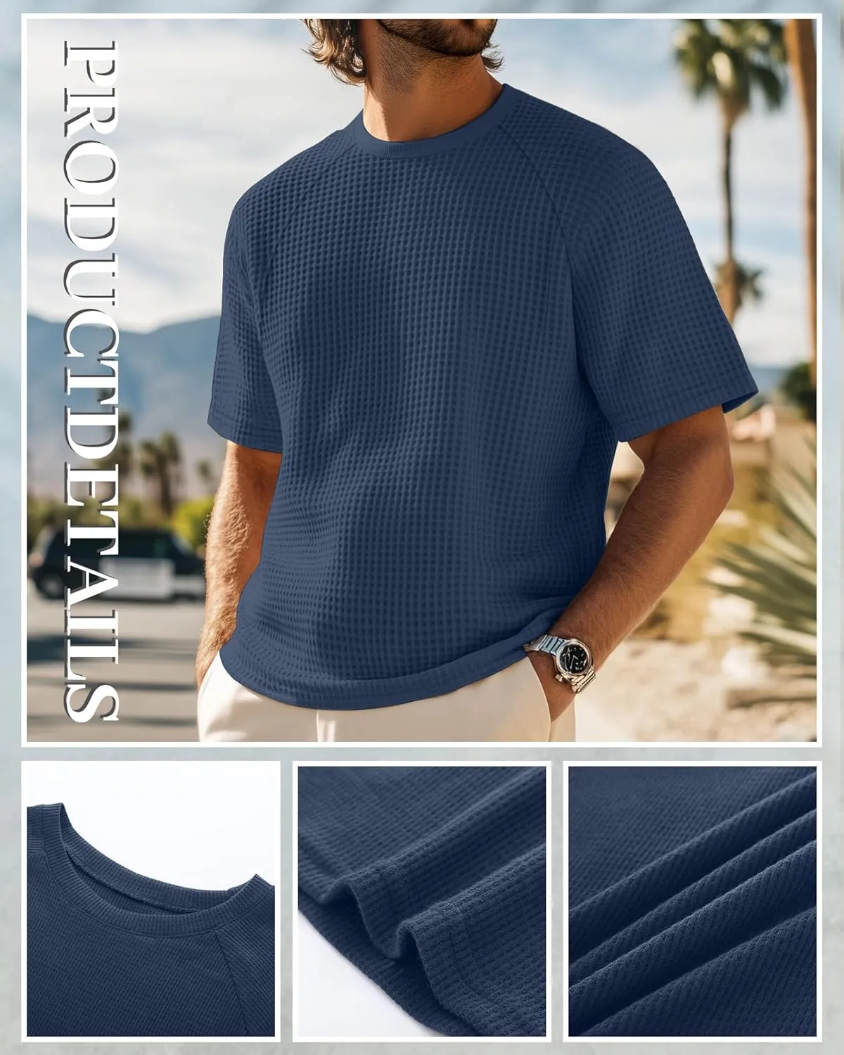 Riyiper 3 Pack Men's Waffle Knitted Short Sleeve Crewneck T-Shirts Solid Raglan Sleeve Casual Pullover Tees