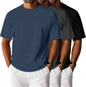Riyiper 3 Pack Men's Waffle Knitted Short Sleeve Crewneck T-Shirts Solid Raglan Sleeve Casual Pullover Tees