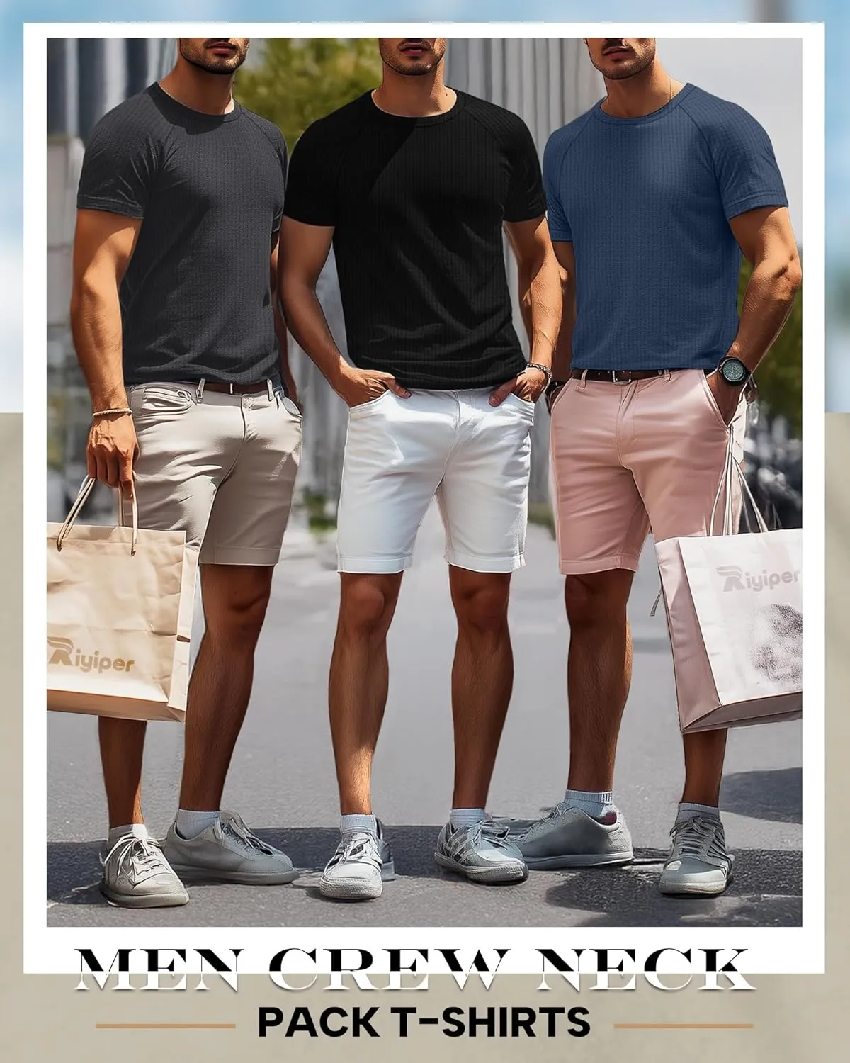 Riyiper 3 Pack Men's Waffle Knitted Short Sleeve Crewneck T-Shirts Solid Raglan Sleeve Casual Pullover Tees