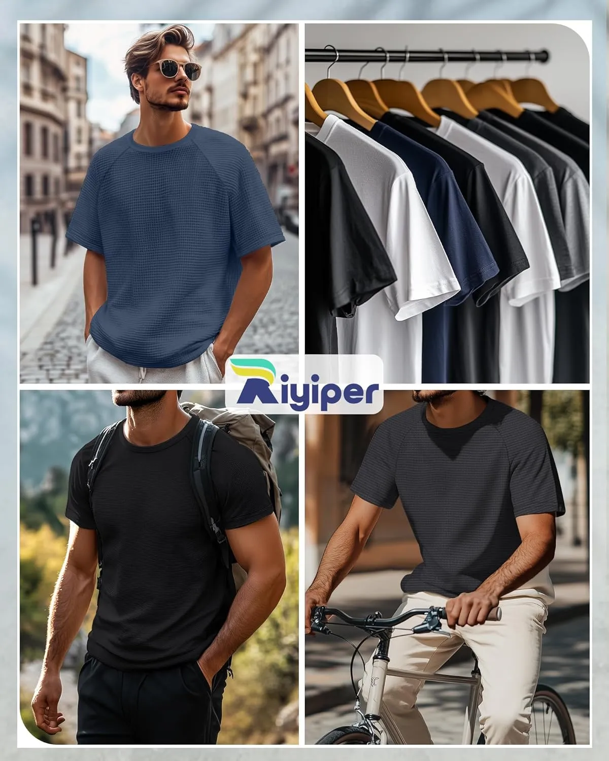 Riyiper 3 Pack Men's Waffle Knitted Short Sleeve Crewneck T-Shirts Solid Raglan Sleeve Casual Pullover Tees