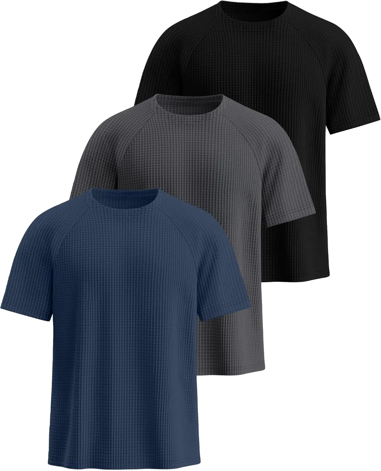Riyiper 3 Pack Men's Waffle Knitted Short Sleeve Crewneck T-Shirts Solid Raglan Sleeve Casual Pullover Tees