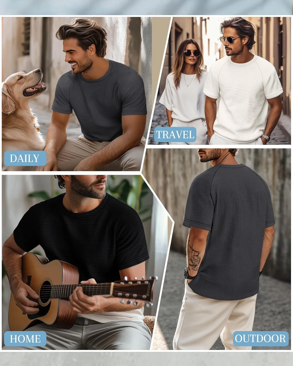 Riyiper 3 Pack Men's Waffle Knitted Short Sleeve Crewneck T-Shirts Solid Raglan Sleeve Casual Pullover Tees