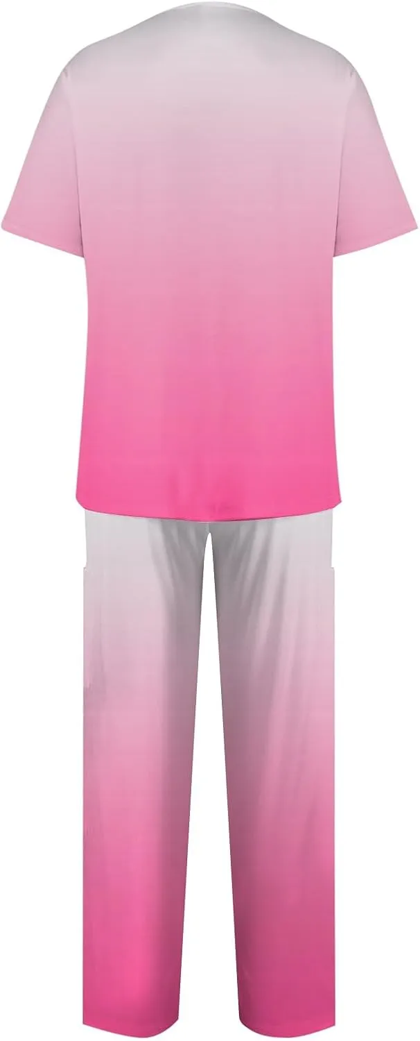 Scrubs Set for Women Nurse Uniform Jogger Suit Stretch Top & Pants with Multi Pocket for Nurse Gradient Workwear