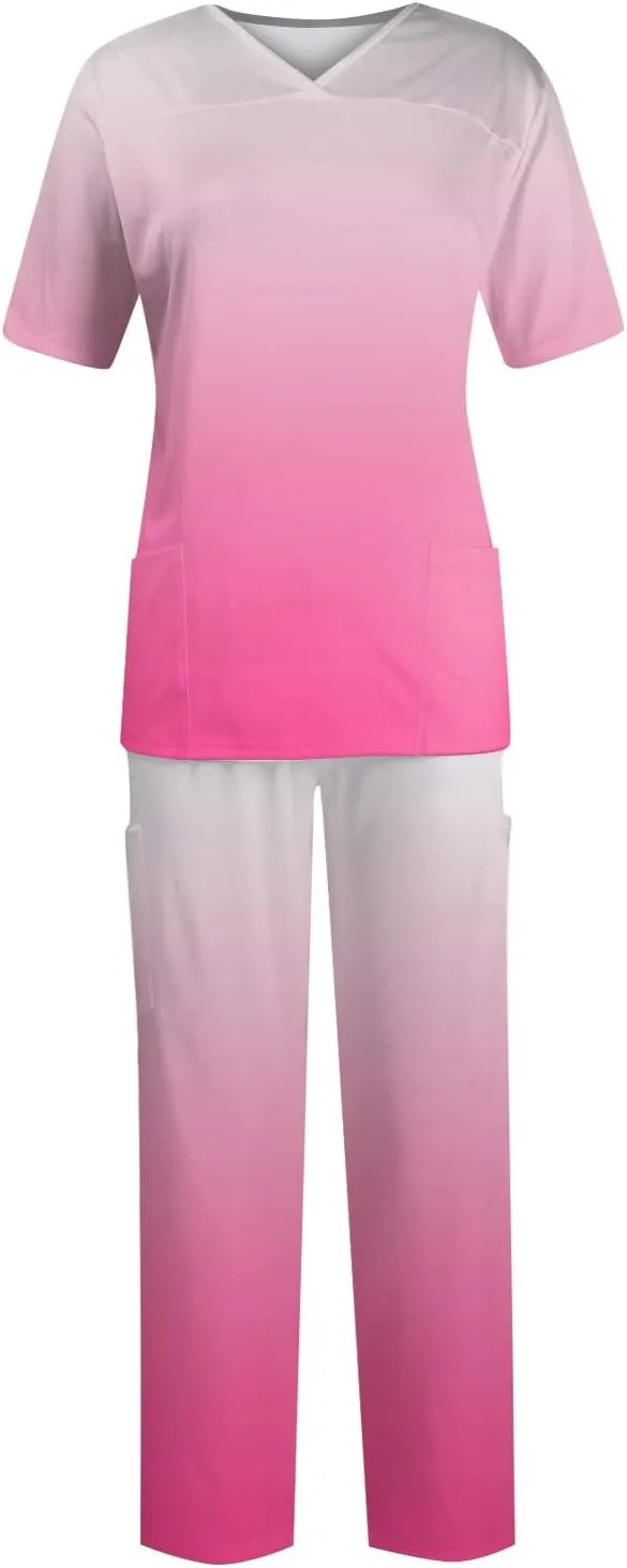 Scrubs Set for Women Nurse Uniform Jogger Suit Stretch Top & Pants with Multi Pocket for Nurse Gradient Workwear