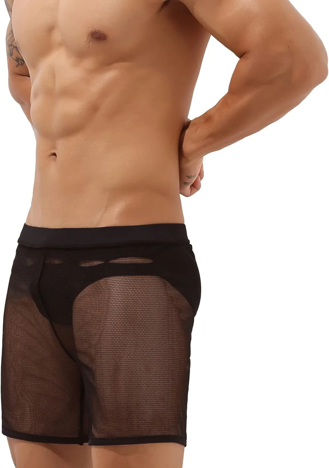 Sexy Men's Mesh Shorts Boxer Briefs Lounge See Through Hollow Lingerie Underpants