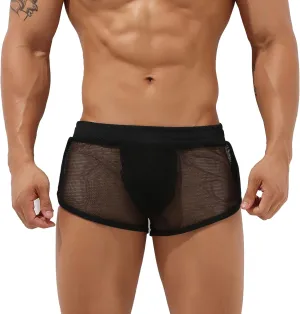 Sexy Men's Mesh Shorts Boxer Briefs Lounge See Through Hollow Lingerie Underpants