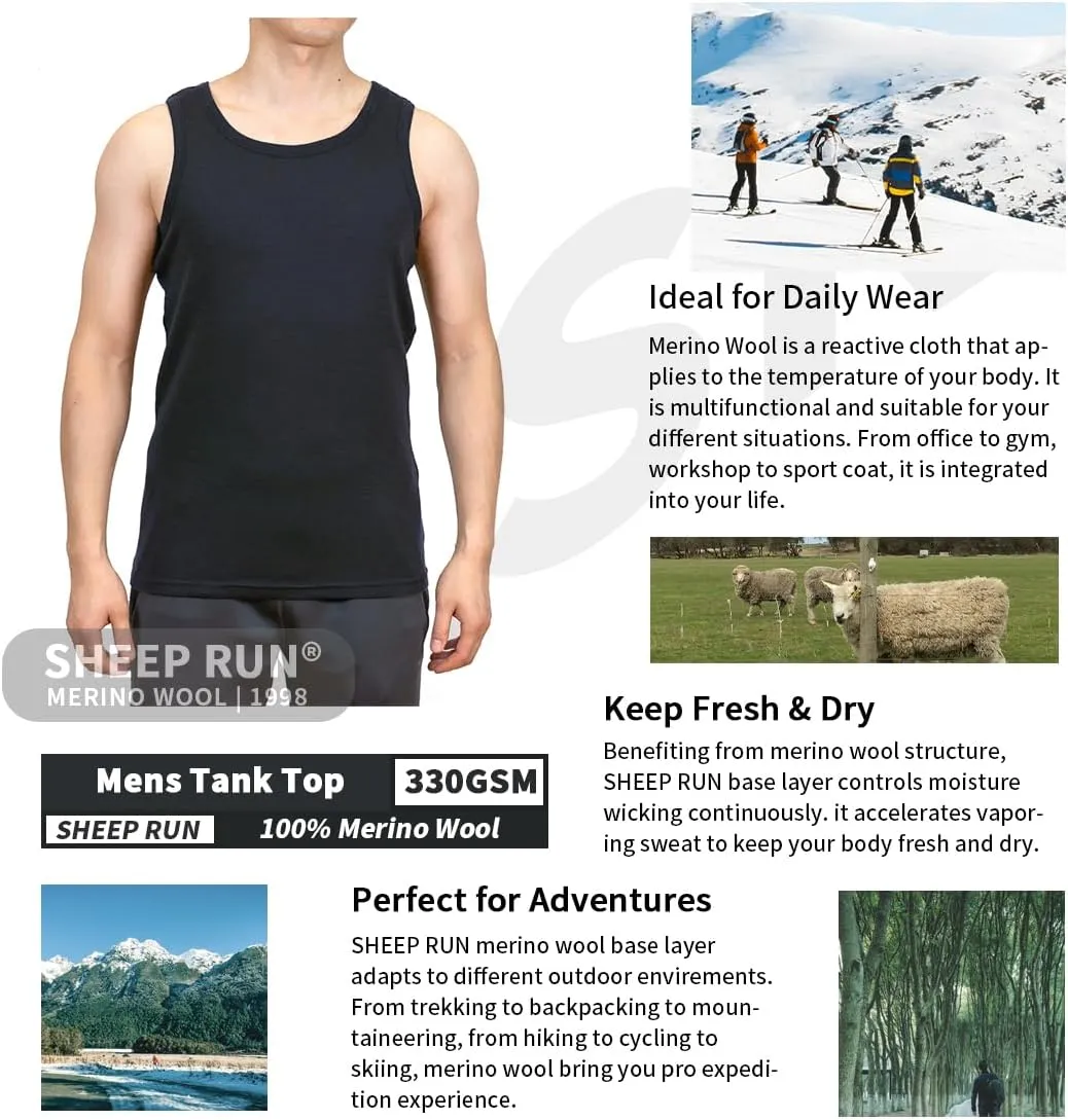 SHEEP RUN 100% Merino Wool Men's Lightweight Moisture Wicking Breathable Tank Top