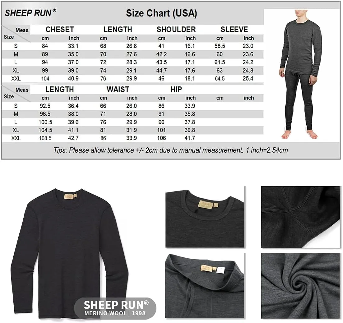 SHEEP RUN 100% Merino Wool Men's Thermal Underwear Long Sleeve Baselayer Set