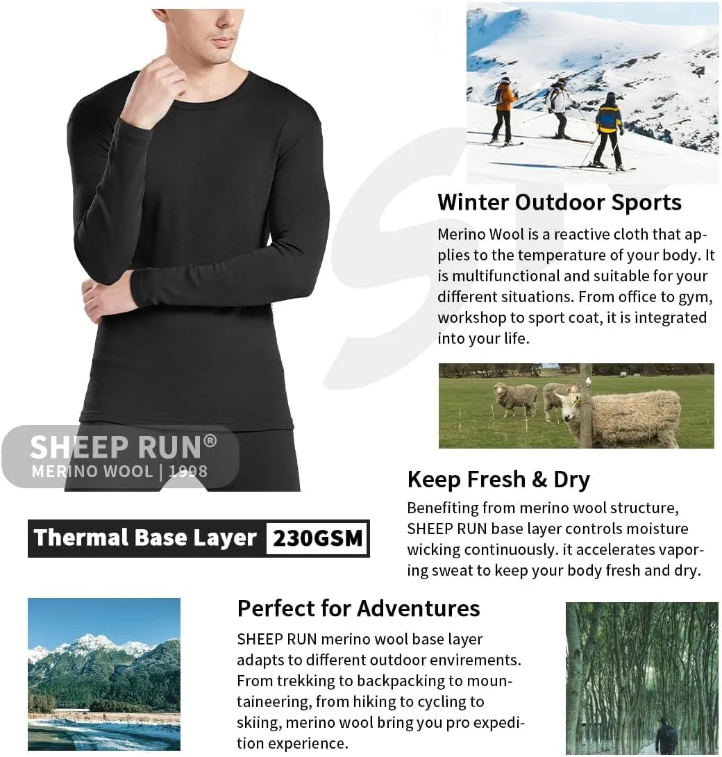SHEEP RUN 100% Merino Wool Men's Thermal Underwear Long Sleeve Baselayer Set