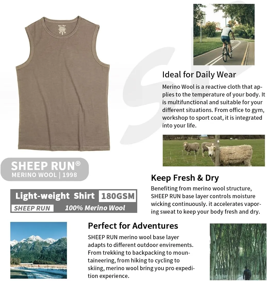 SHEEP RUN 100% Merino Wool Tank Top Men's Lightweight Wicking Breathable Workout Activewear Shirt