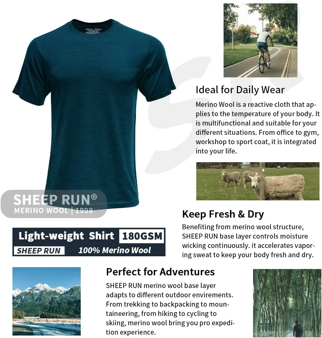 SHEEP RUN Men's Merino Wool Lightweight Hiking Running Workout Breathable Base Layer T Shirt