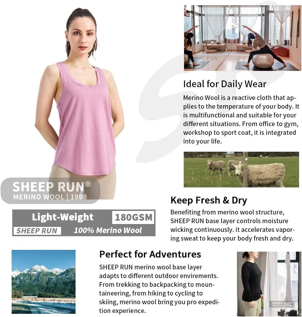 SHEEP RUN Merino Wool Camisole Racerback Tank Top Yoga Shirt Wicking Breathable Light-Weight Shirt