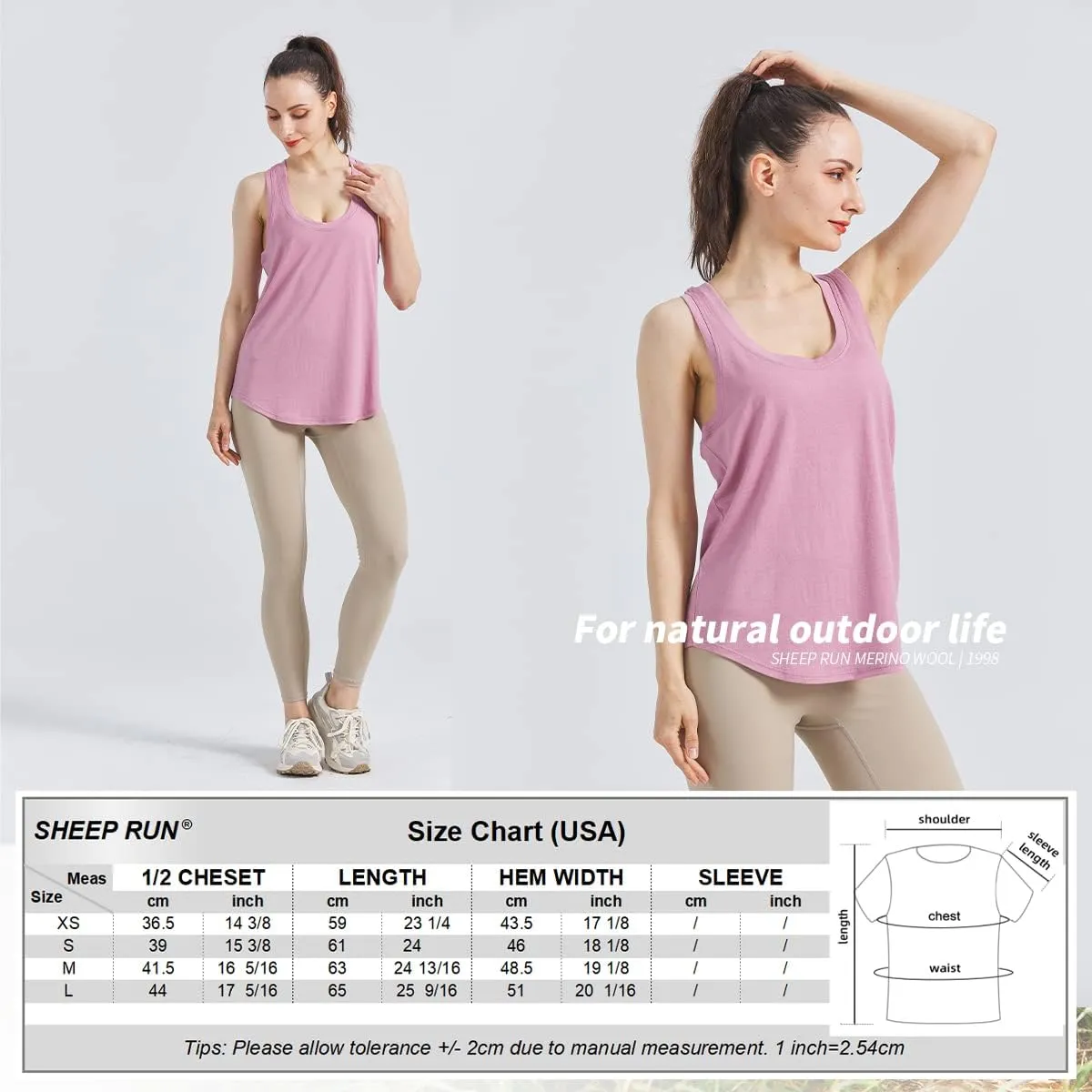 SHEEP RUN Merino Wool Camisole Racerback Tank Top Yoga Shirt Wicking Breathable Light-Weight Shirt