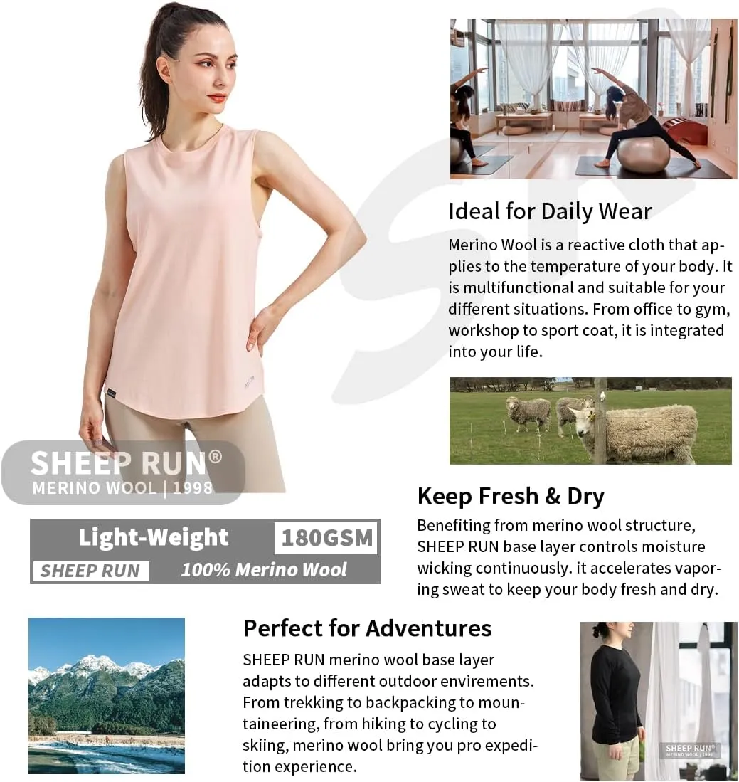 SHEEP RUN Merino Wool Tank Top Basic Yoga Shirt Wicking Breathable Light-Weight Shirt
