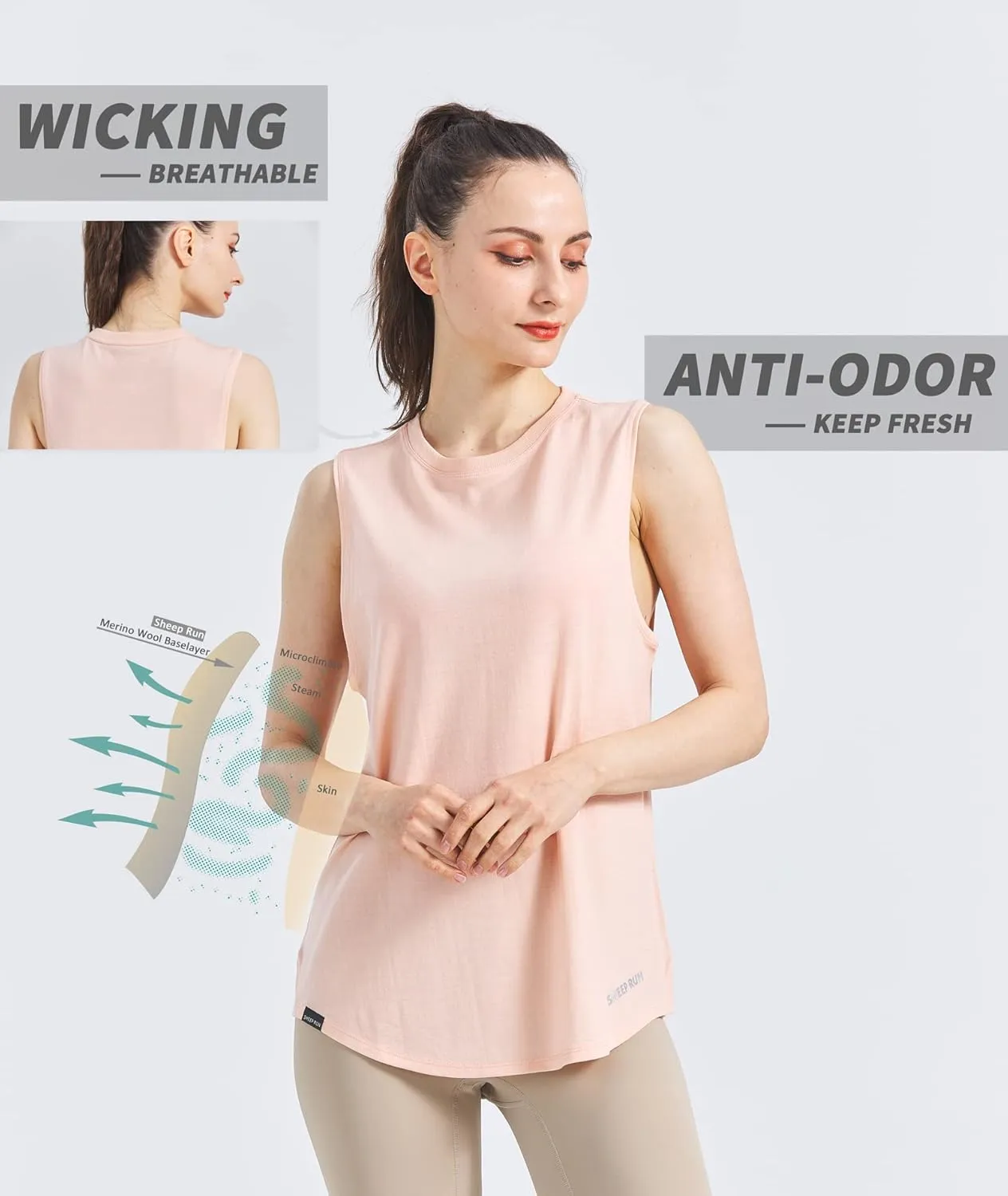 SHEEP RUN Merino Wool Tank Top Basic Yoga Shirt Wicking Breathable Light-Weight Shirt