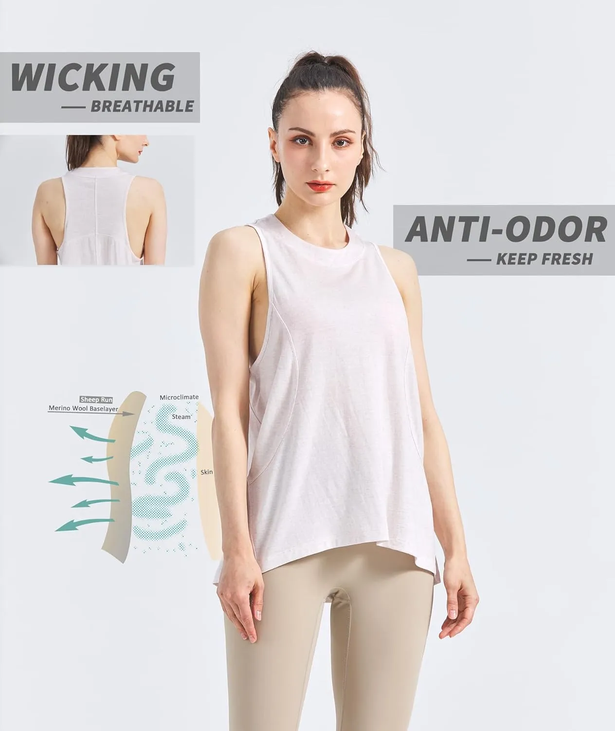 SHEEP RUN Merino Wool Tank Top Casual Yoga Shirt Wicking Breathable Light-Weight Shirt