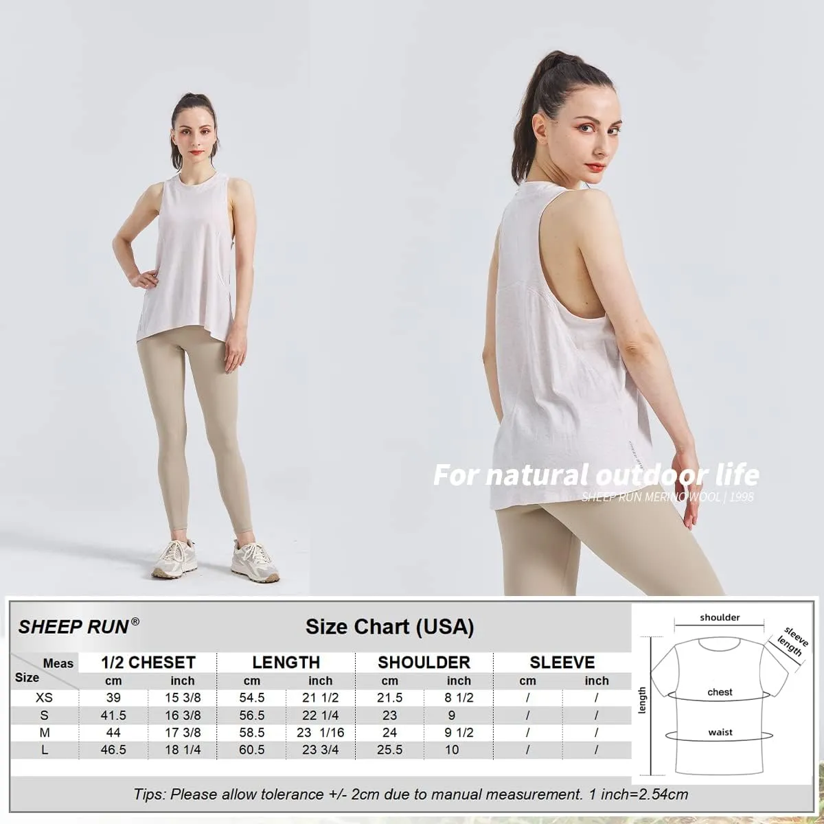 SHEEP RUN Merino Wool Tank Top Casual Yoga Shirt Wicking Breathable Light-Weight Shirt