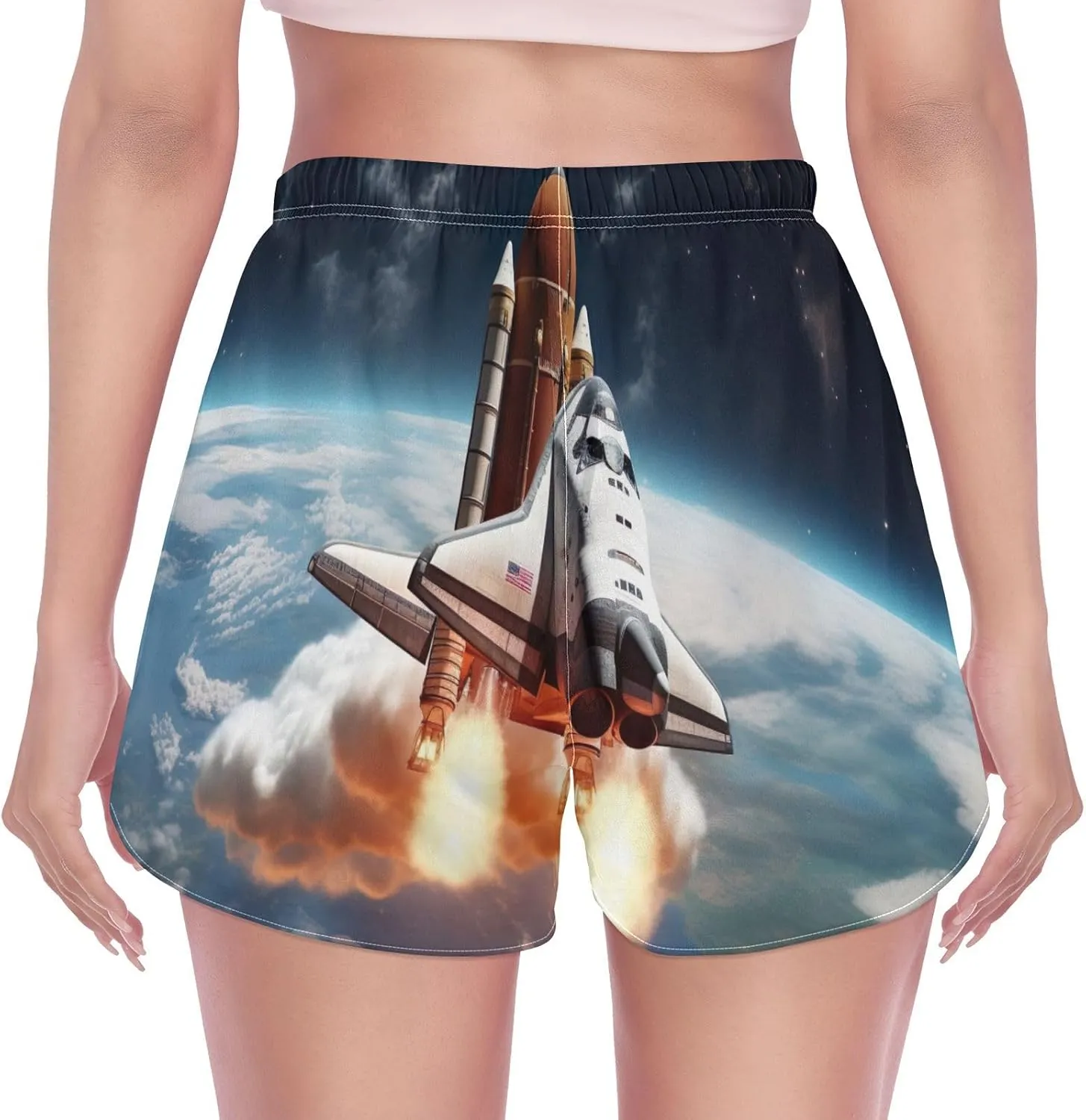 Sinestour Earth Galaxy Space Rocket Athletic Shorts for Women High Waisted Running Shorts Quick Dry Women's Yoga Shorts