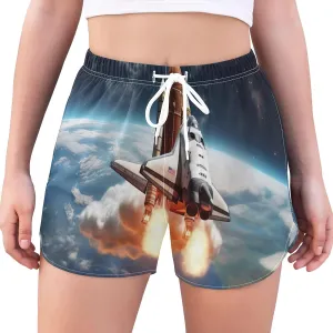 Sinestour Earth Galaxy Space Rocket Athletic Shorts for Women High Waisted Running Shorts Quick Dry Women's Yoga Shorts