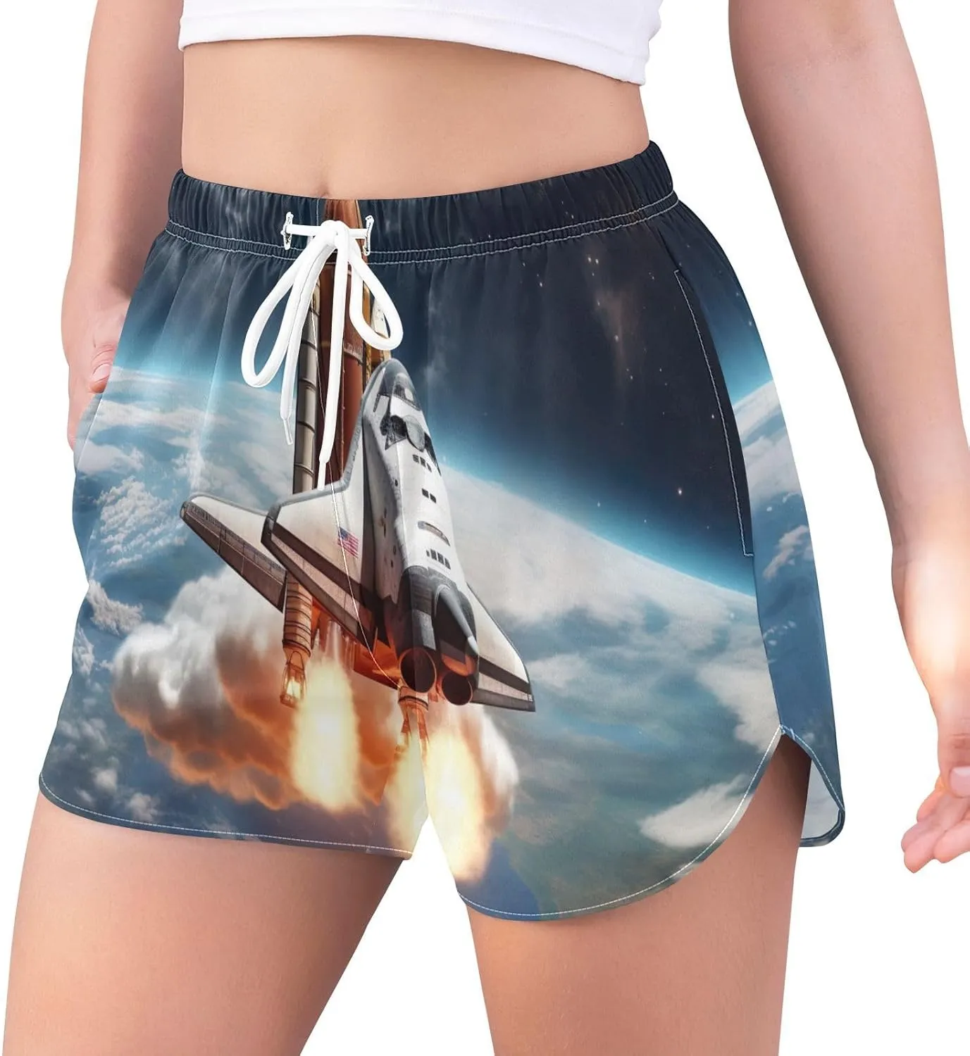 Sinestour Earth Galaxy Space Rocket Athletic Shorts for Women High Waisted Running Shorts Quick Dry Women's Yoga Shorts