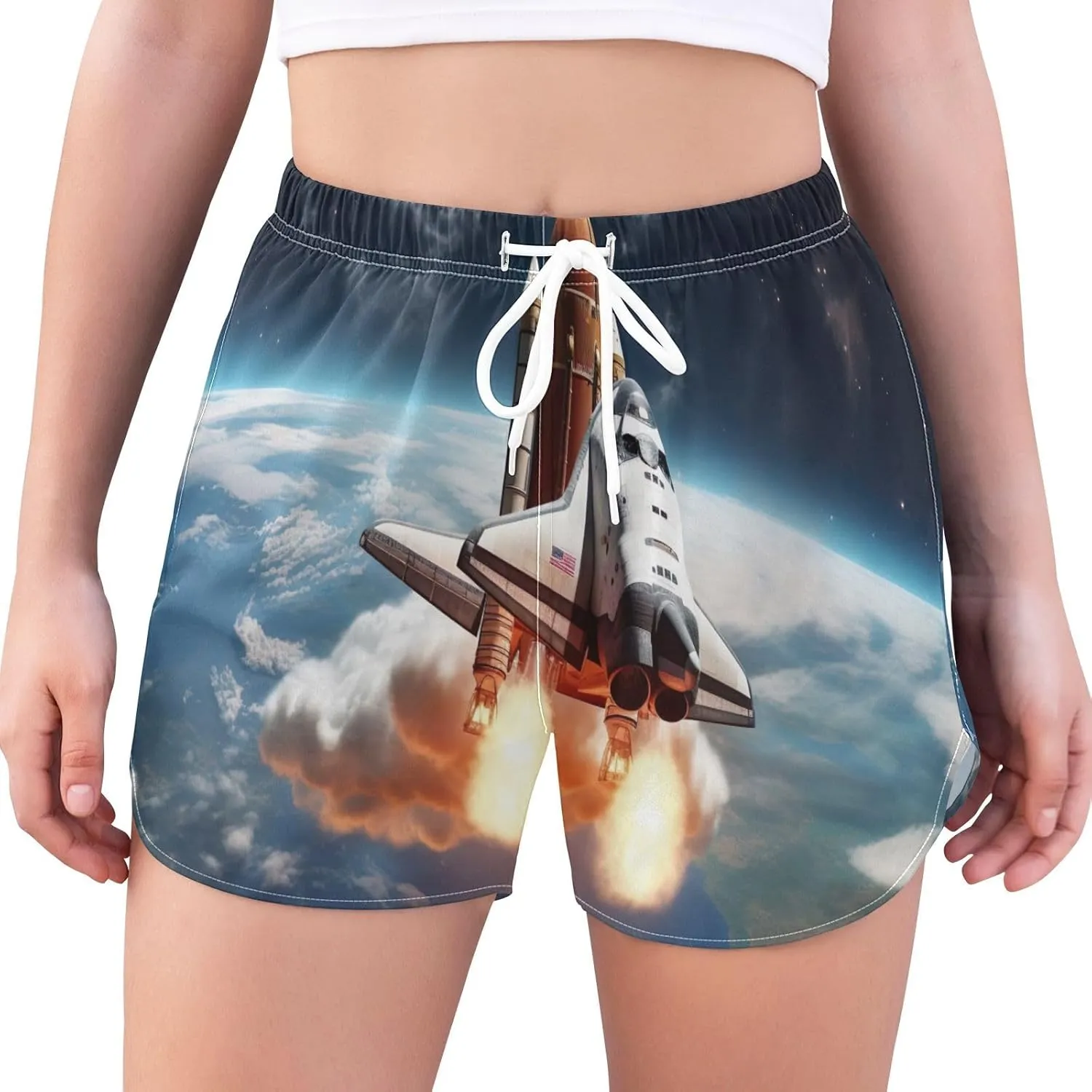 Sinestour Earth Galaxy Space Rocket Athletic Shorts for Women High Waisted Running Shorts Quick Dry Women's Yoga Shorts