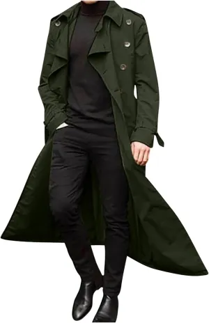 Sinzelimin Men's Trench Coat Fashion Easy Notch Lapel Business Casual Jacket Solid Long Pea Coat Windbreaker Overcoat