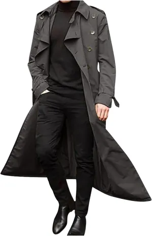 Sinzelimin Men's Trench Coat Fashion Easy Notch Lapel Business Casual Jacket Solid Long Pea Coat Windbreaker Overcoat