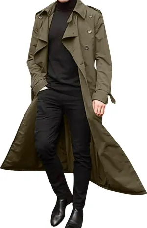Sinzelimin Men's Trench Coat Fashion Easy Notch Lapel Business Casual Jacket Solid Long Pea Coat Windbreaker Overcoat