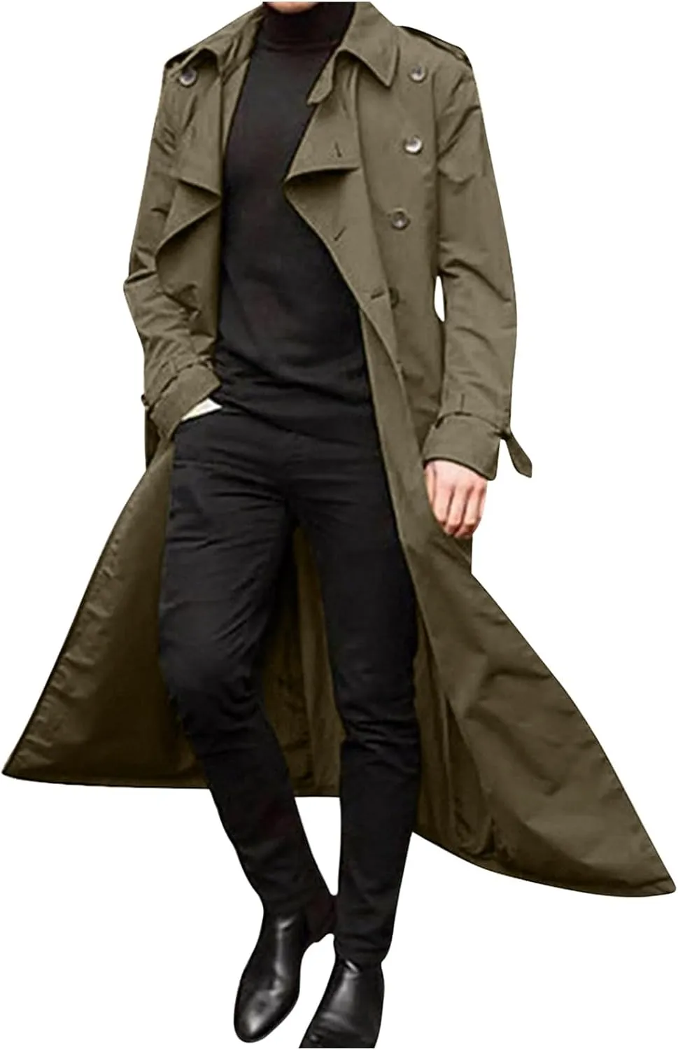 Sinzelimin Men's Trench Coat Fashion Easy Notch Lapel Business Casual Jacket Solid Long Pea Coat Windbreaker Overcoat