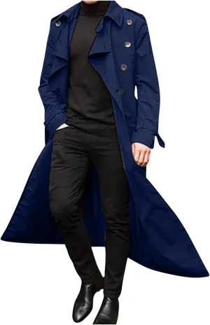 Sinzelimin Men's Trench Coat Fashion Easy Notch Lapel Business Casual Jacket Solid Long Pea Coat Windbreaker Overcoat