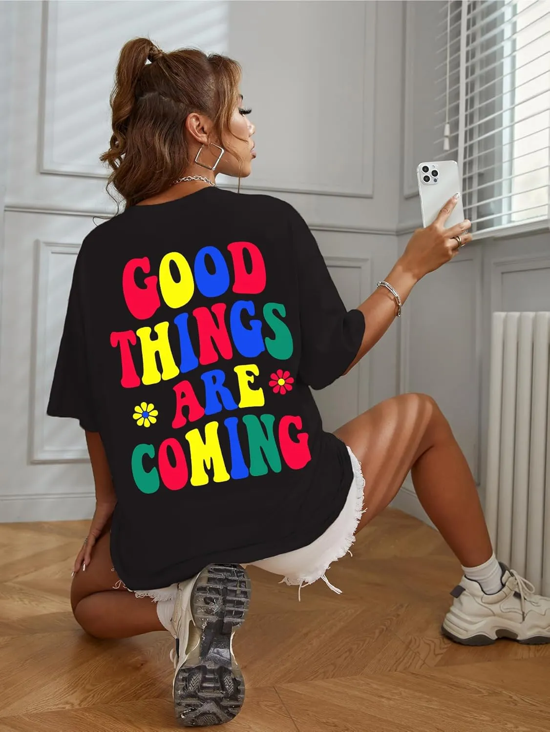 SOLY HUX Women's Graphic Tees Oversized T Shirts Basic Letter Print Short Sleeve Loose Fit Tops