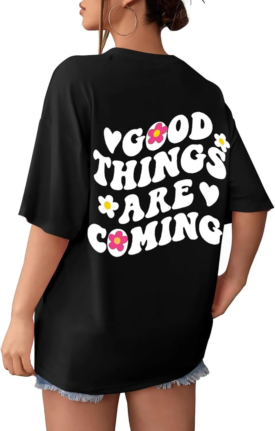 SOLY HUX Women's Graphic Tees Oversized T Shirts Basic Letter Print Short Sleeve Loose Fit Tops