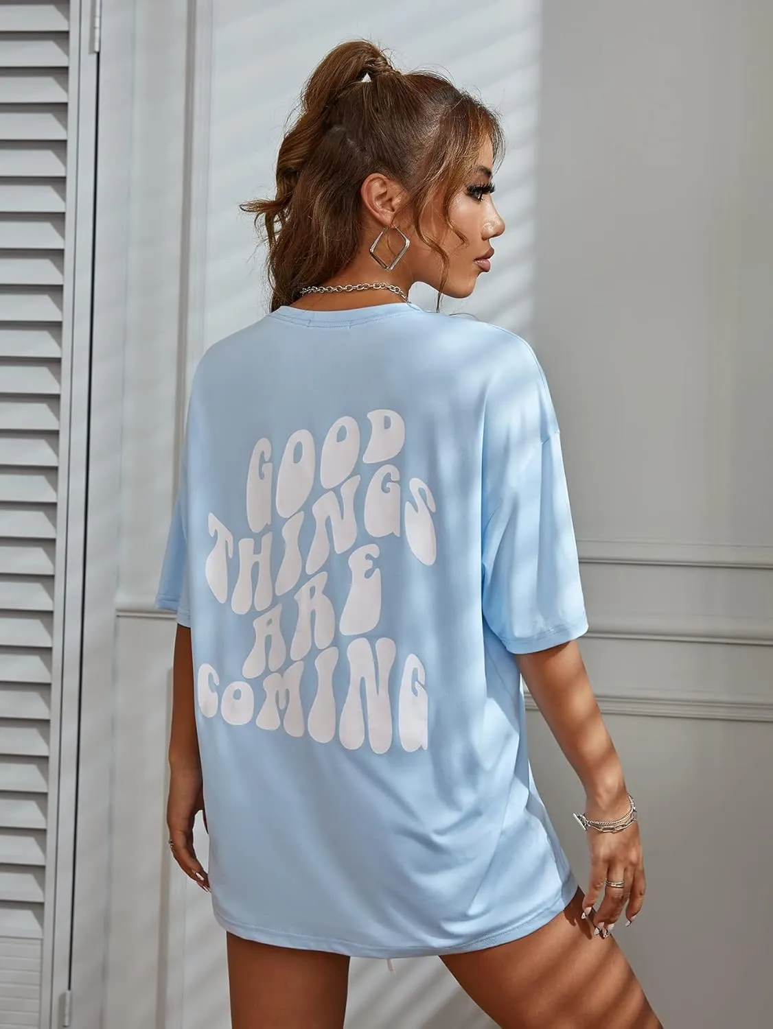 SOLY HUX Women's Graphic Tees Oversized T Shirts Basic Letter Print Short Sleeve Loose Fit Tops