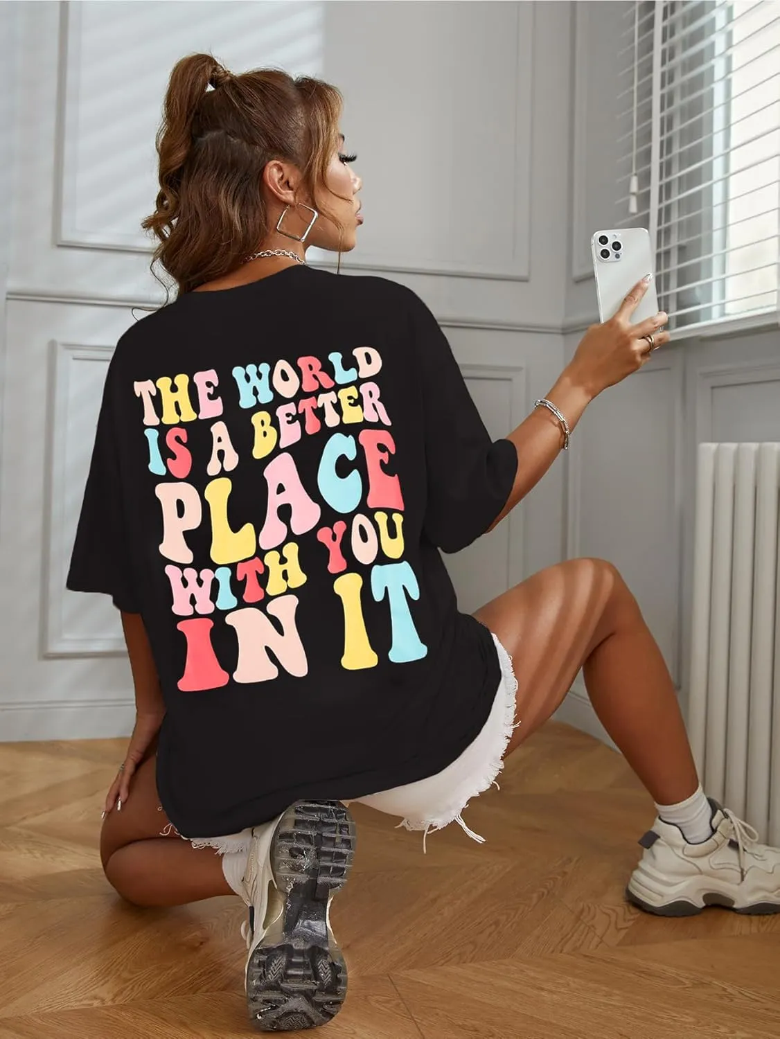 SOLY HUX Women's Graphic Tees Oversized T Shirts Basic Letter Print Short Sleeve Loose Fit Tops