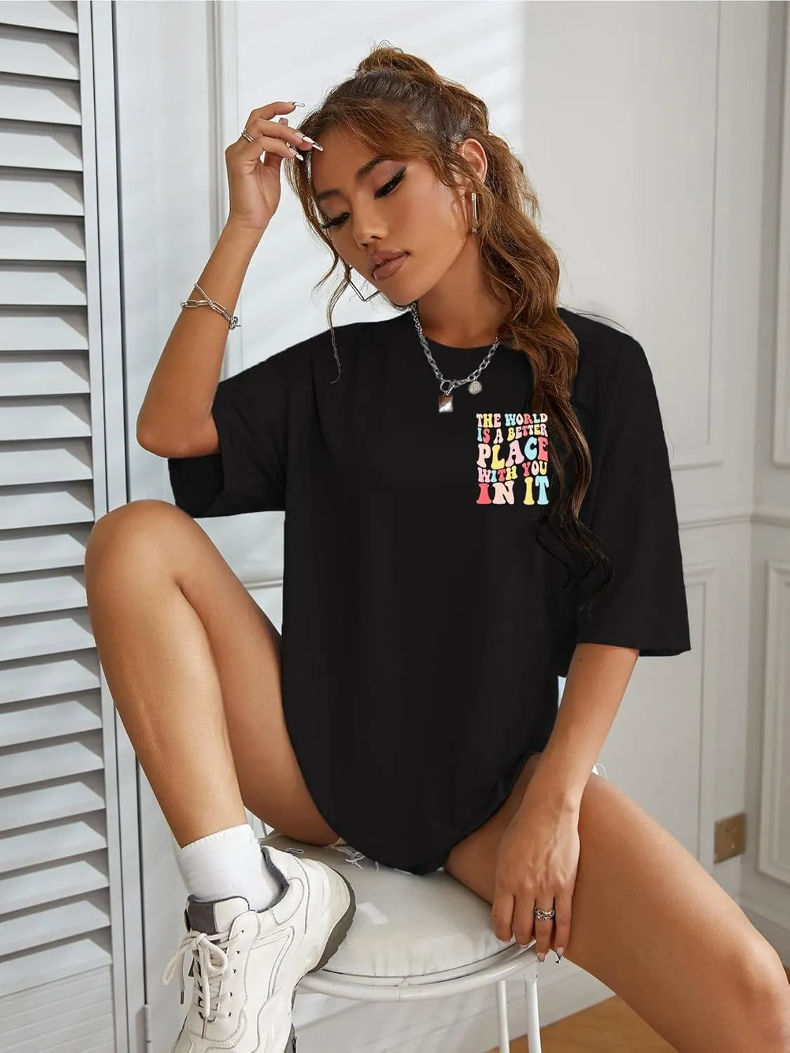 SOLY HUX Women's Graphic Tees Oversized T Shirts Basic Letter Print Short Sleeve Loose Fit Tops