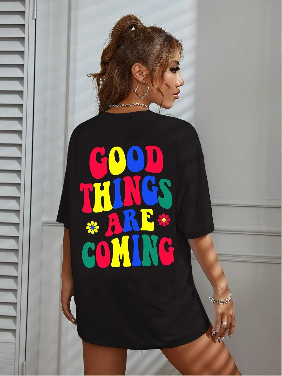 SOLY HUX Women's Graphic Tees Oversized T Shirts Basic Letter Print Short Sleeve Loose Fit Tops