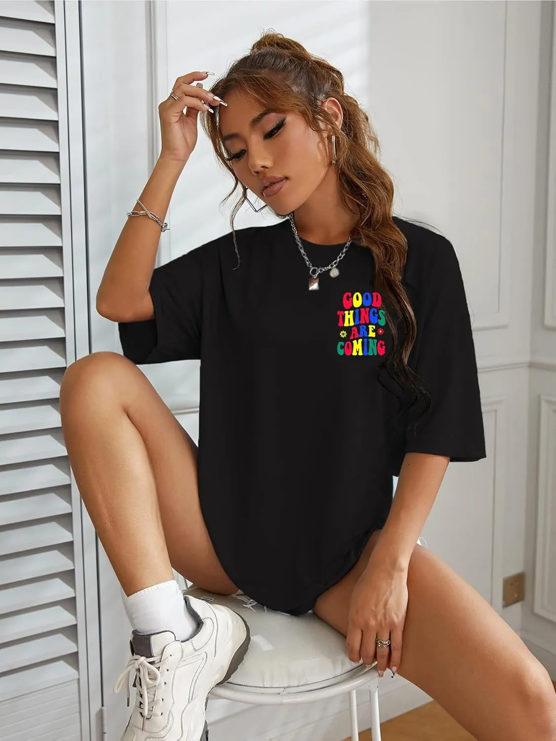 SOLY HUX Women's Graphic Tees Oversized T Shirts Basic Letter Print Short Sleeve Loose Fit Tops