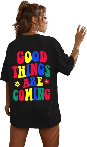 SOLY HUX Women's Graphic Tees Oversized T Shirts Basic Letter Print Short Sleeve Loose Fit Tops