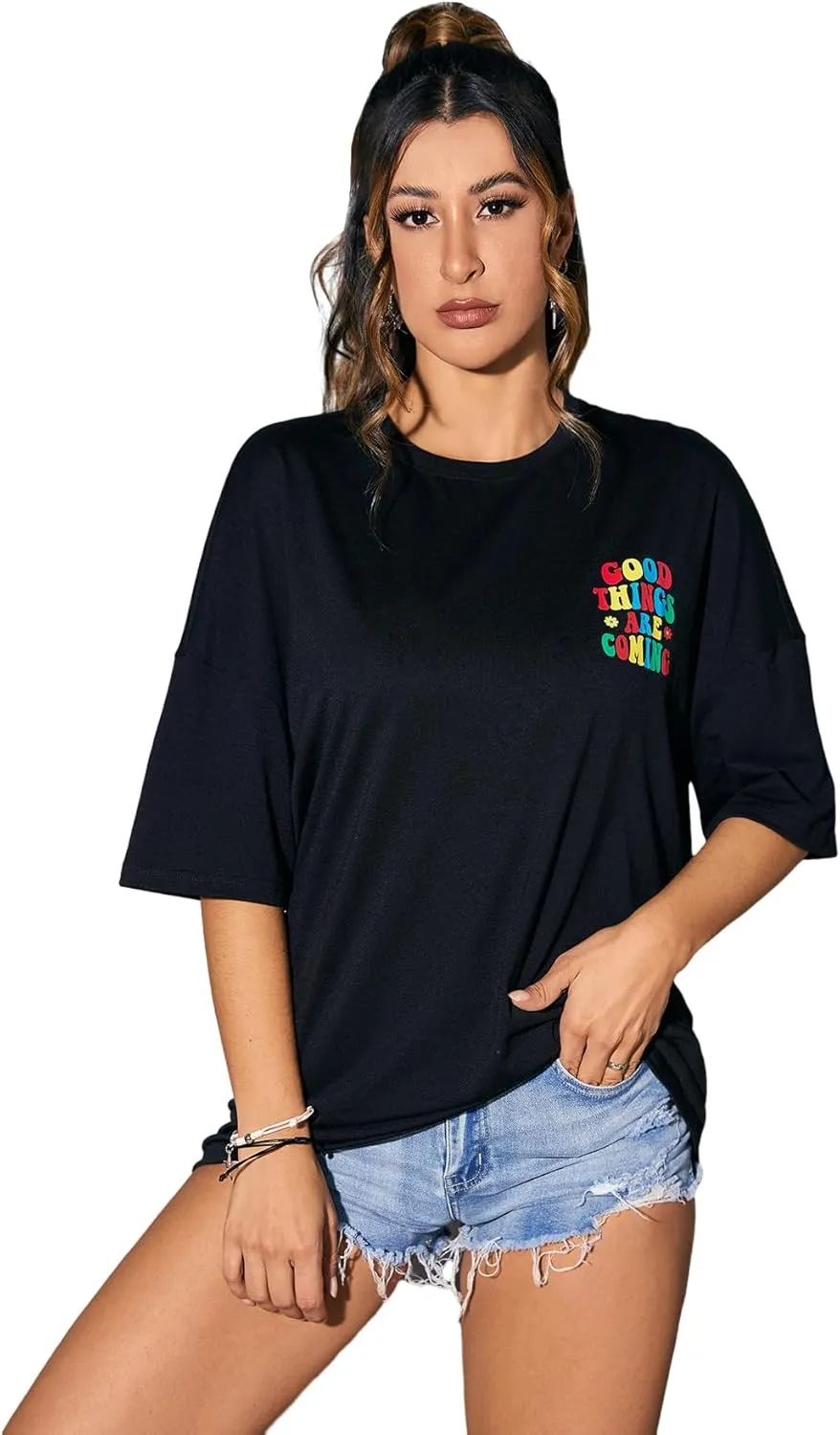 SOLY HUX Women's Graphic Tees Oversized T Shirts Basic Letter Print Short Sleeve Loose Fit Tops