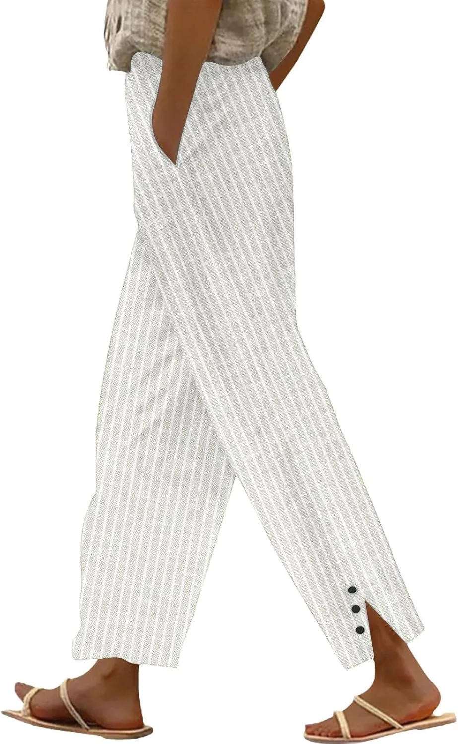 Striped Linen Pants for Women Summer Casual Beach Capris High Waisted Light Weight Gauze Vacation Pinstripe Trousers