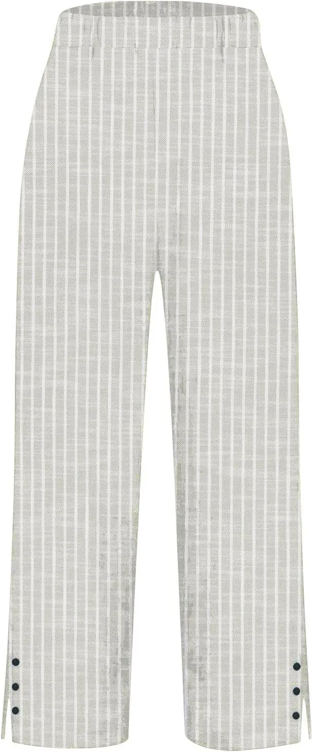 Striped Linen Pants for Women Summer Casual Beach Capris High Waisted Light Weight Gauze Vacation Pinstripe Trousers