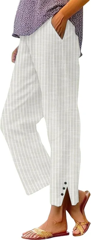 Striped Linen Pants for Women Summer Casual Beach Capris High Waisted Light Weight Gauze Vacation Pinstripe Trousers