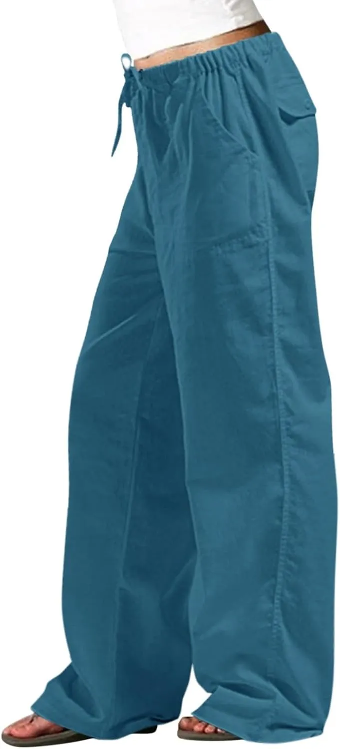 Summer Pants Women Wide Leg Casual Loose Striped Drawstring Pants Summer High Waist Palazzo Smocked Beach Trousers