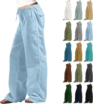 Summer Pants Women Wide Leg Casual Loose Striped Drawstring Pants Summer High Waist Palazzo Smocked Beach Trousers