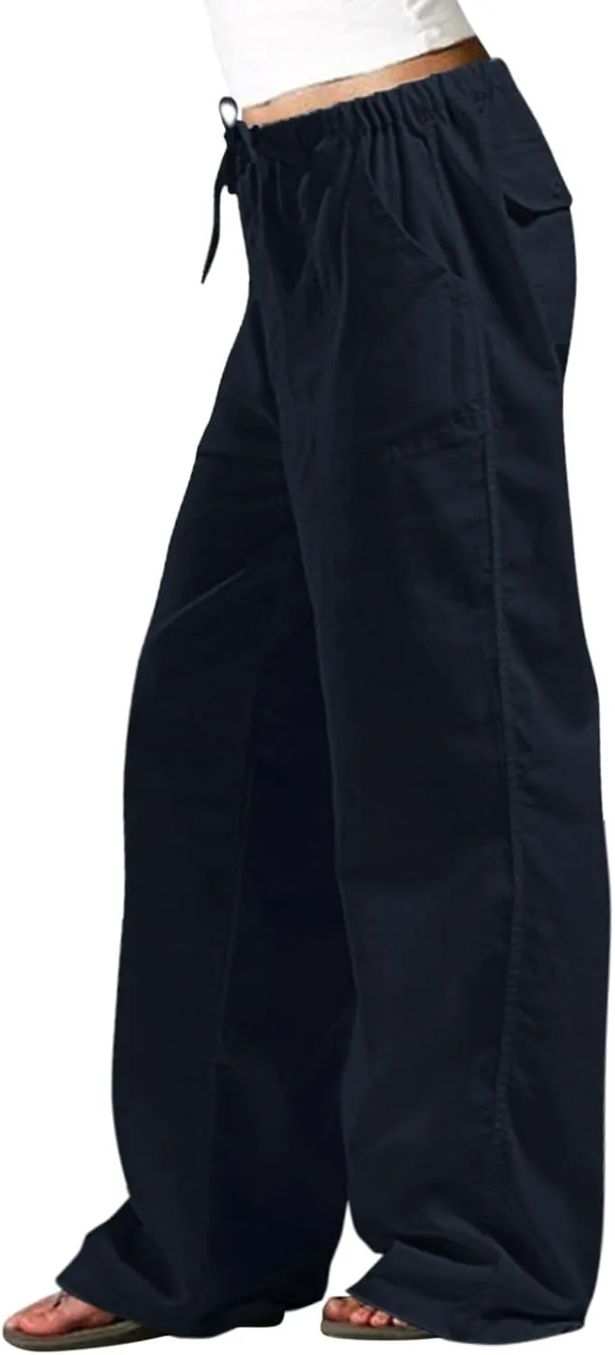 Summer Pants Women Wide Leg Casual Loose Striped Drawstring Pants Summer High Waist Palazzo Smocked Beach Trousers