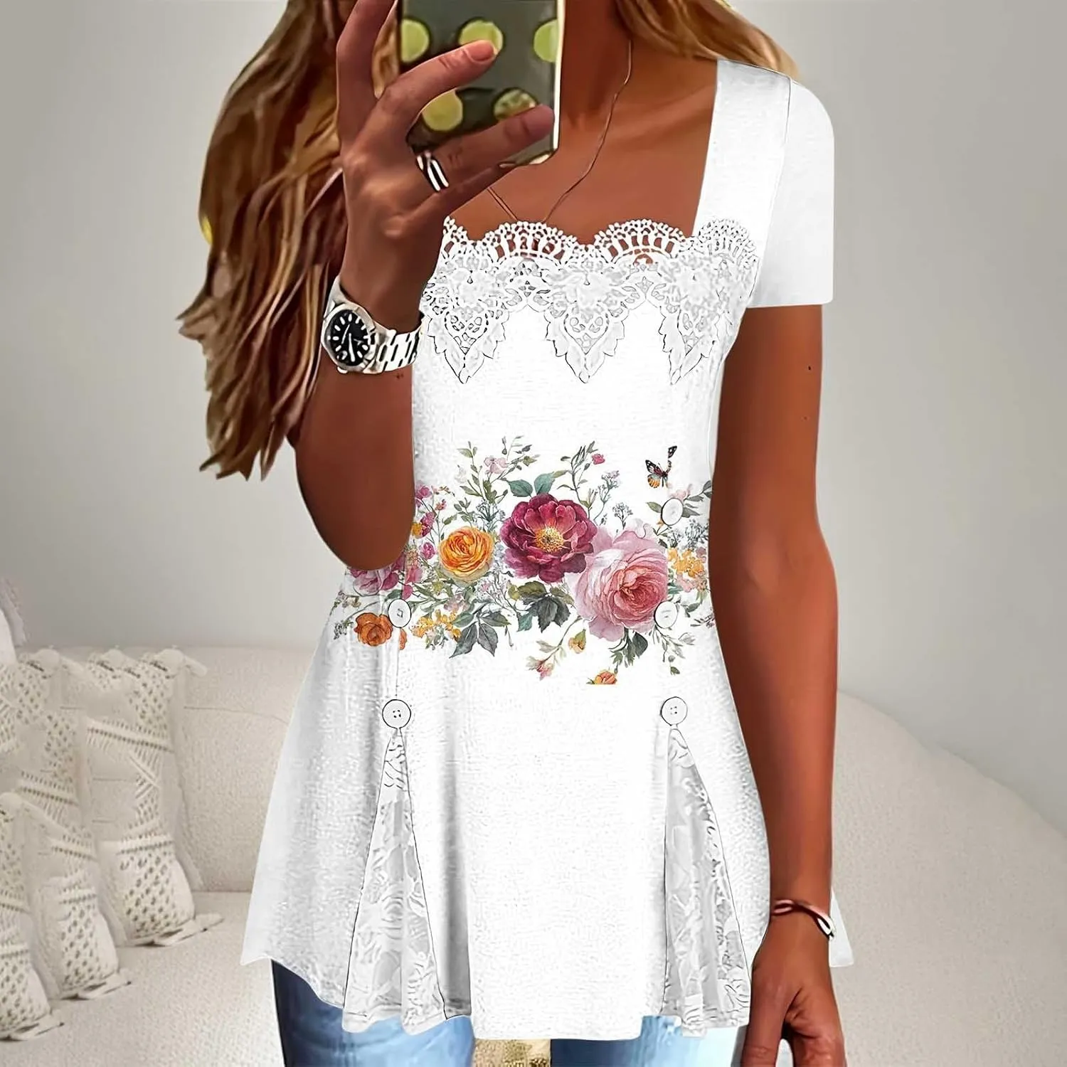 T Shirts for Women Fashion Lace Patchwork Casual Lightweight Summer Short Sleeve Tops Crewneck Elegant Tunic Blouse