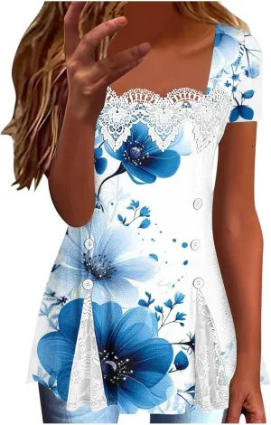 T Shirts for Women Fashion Lace Patchwork Casual Lightweight Summer Short Sleeve Tops Crewneck Elegant Tunic Blouse