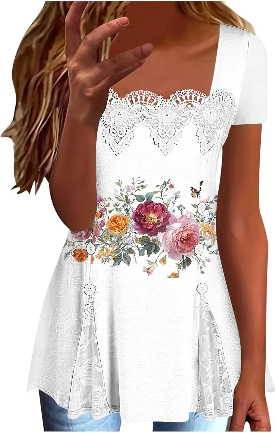 T Shirts for Women Fashion Lace Patchwork Casual Lightweight Summer Short Sleeve Tops Crewneck Elegant Tunic Blouse