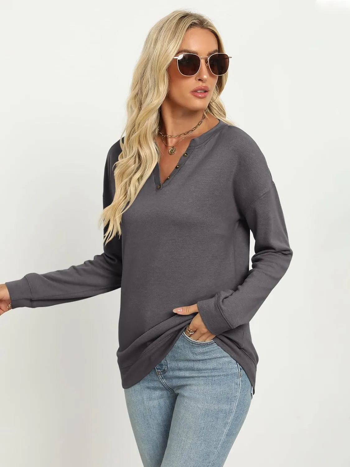 TICTICMIMI Women's V Neck Long Sleeve Tops Lightweight Sweatshirts Button Fall Shirts